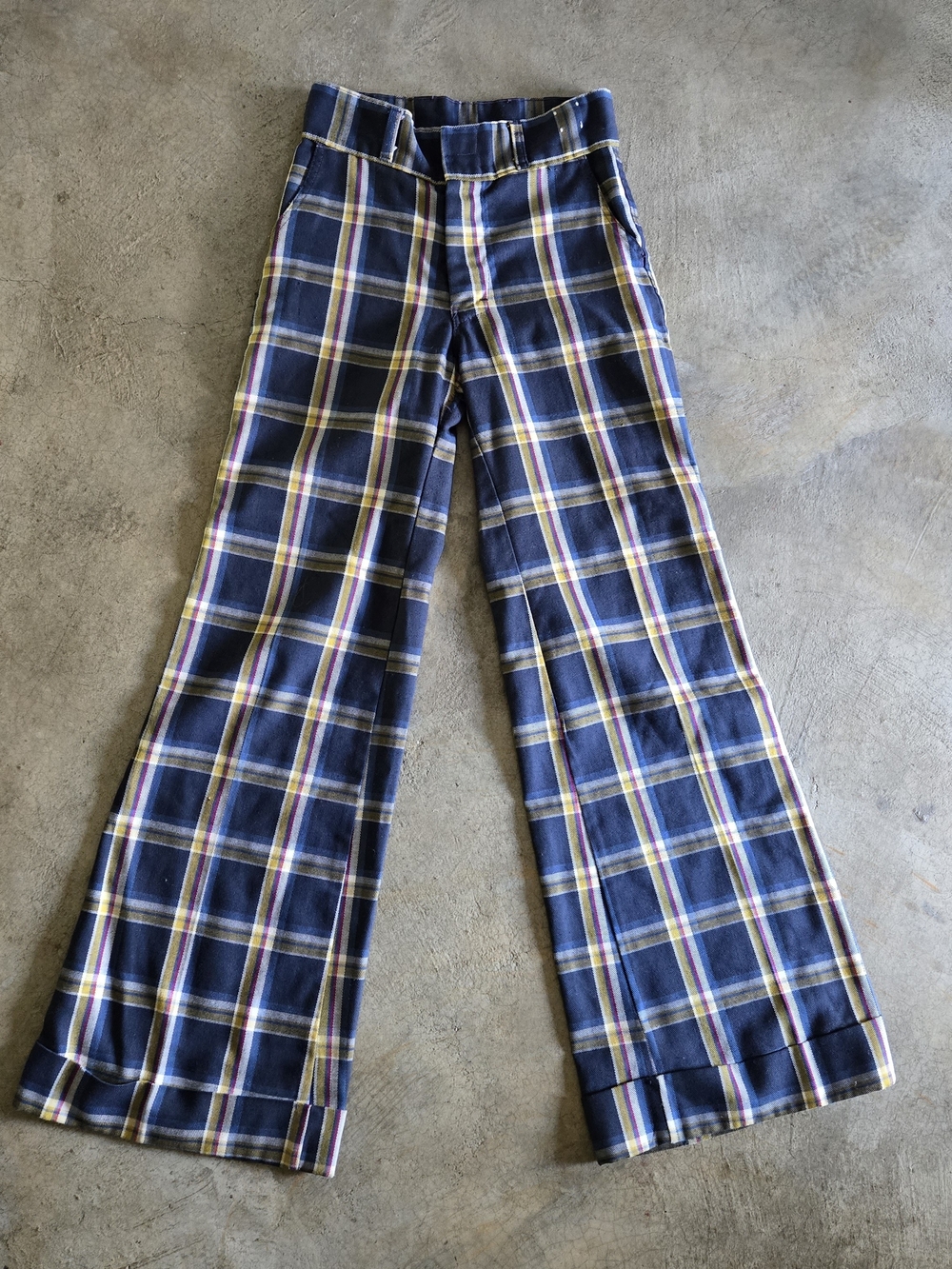 Vintage 70s Navy Plaid Wide Leg Pants